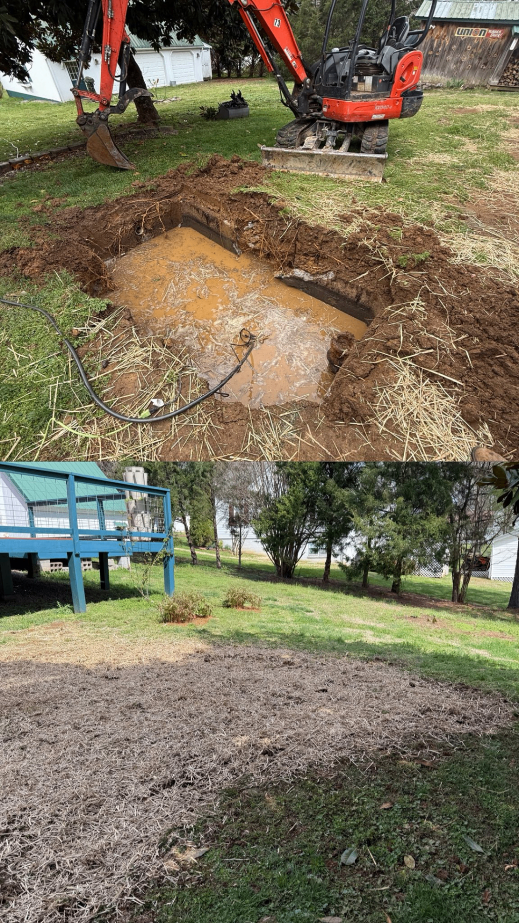 Septic line repair before and after — excavated dig and finished restored yard